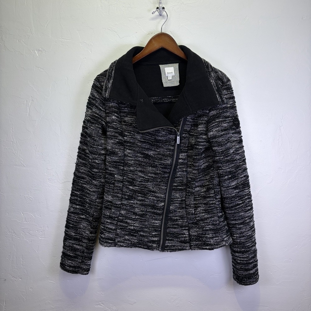 Bench Woman's Jacket Size L‎ Black White Tweed Asymmetric Zip Knit Moto Sweater